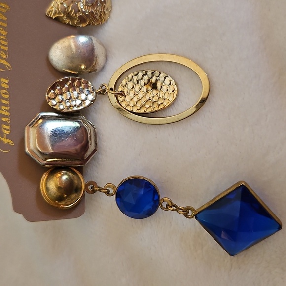 Vtg 1980s Set of Six Single Gold Silver and Blue Earrings - Picture 2 of 4